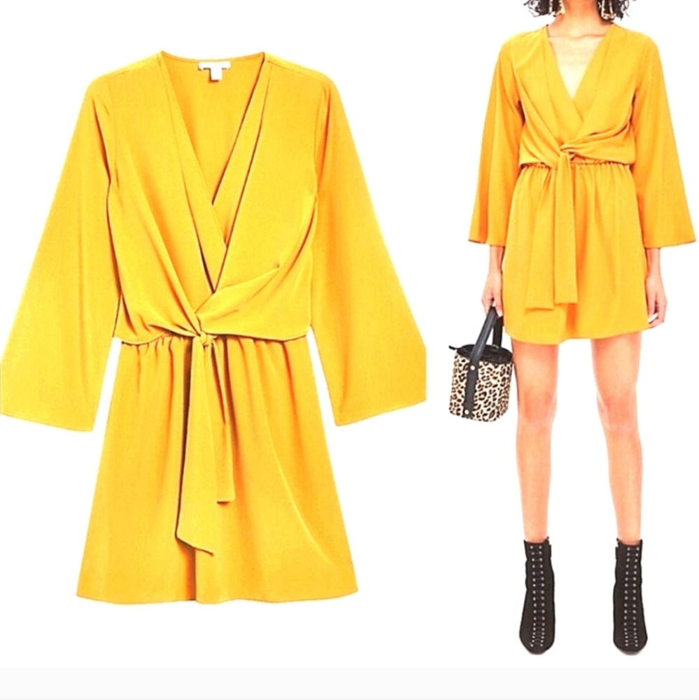 Topshop Marigold Yellow Long Sleeve Mini Retro Dress - Size 10